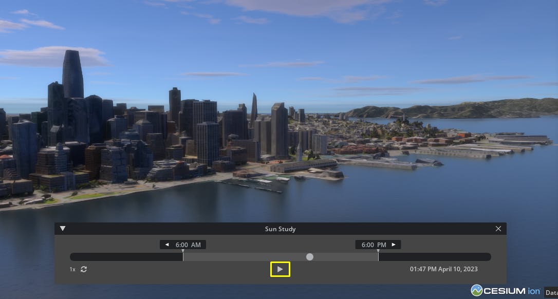 Cesium for Omniverse Dynamic Skies and Sun Study tutorial: Click the Play button on the Sun Study user interface to watch the sun cycle from morning to afternoon. 